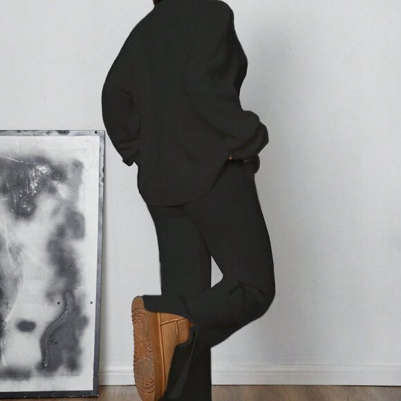 Black Casual Women's Streetwear Matching Sweater Set - Picture 2 of 7